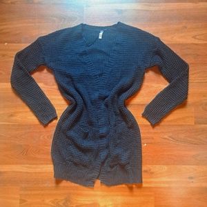 2/$20 Black Waffle Knit Longline Cardigan pocket Sweater